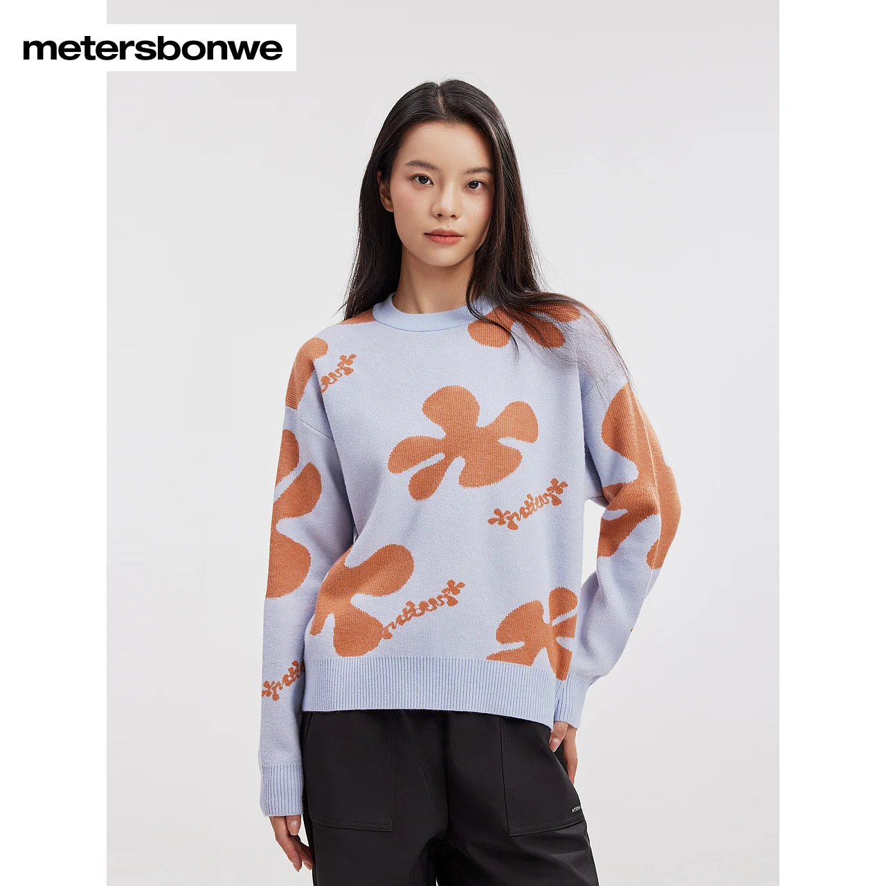 

Metersbonwe-Women's Jacquard Long Sleeve Sweater Jumper Round Neck Pullover Skin Friendly Soft Casual Office Lady Spring Autumn