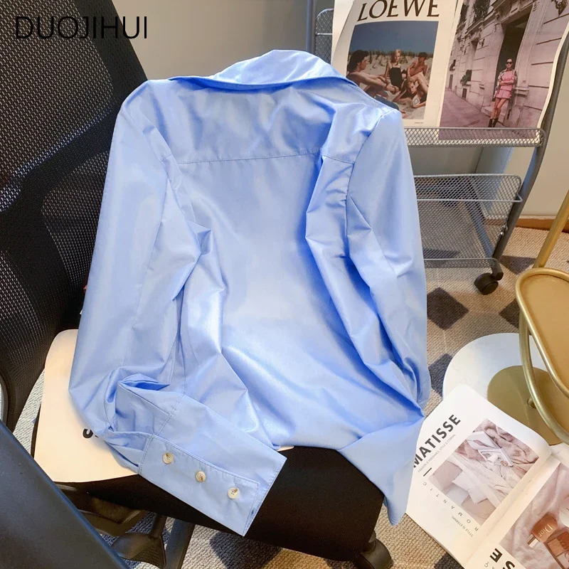 DUOJIHUI Blue Chic Embroidery Basic Polo Neck Women Shirt Spring New Elegant Office Lady Fashion Solid Color Simple Female Shirt