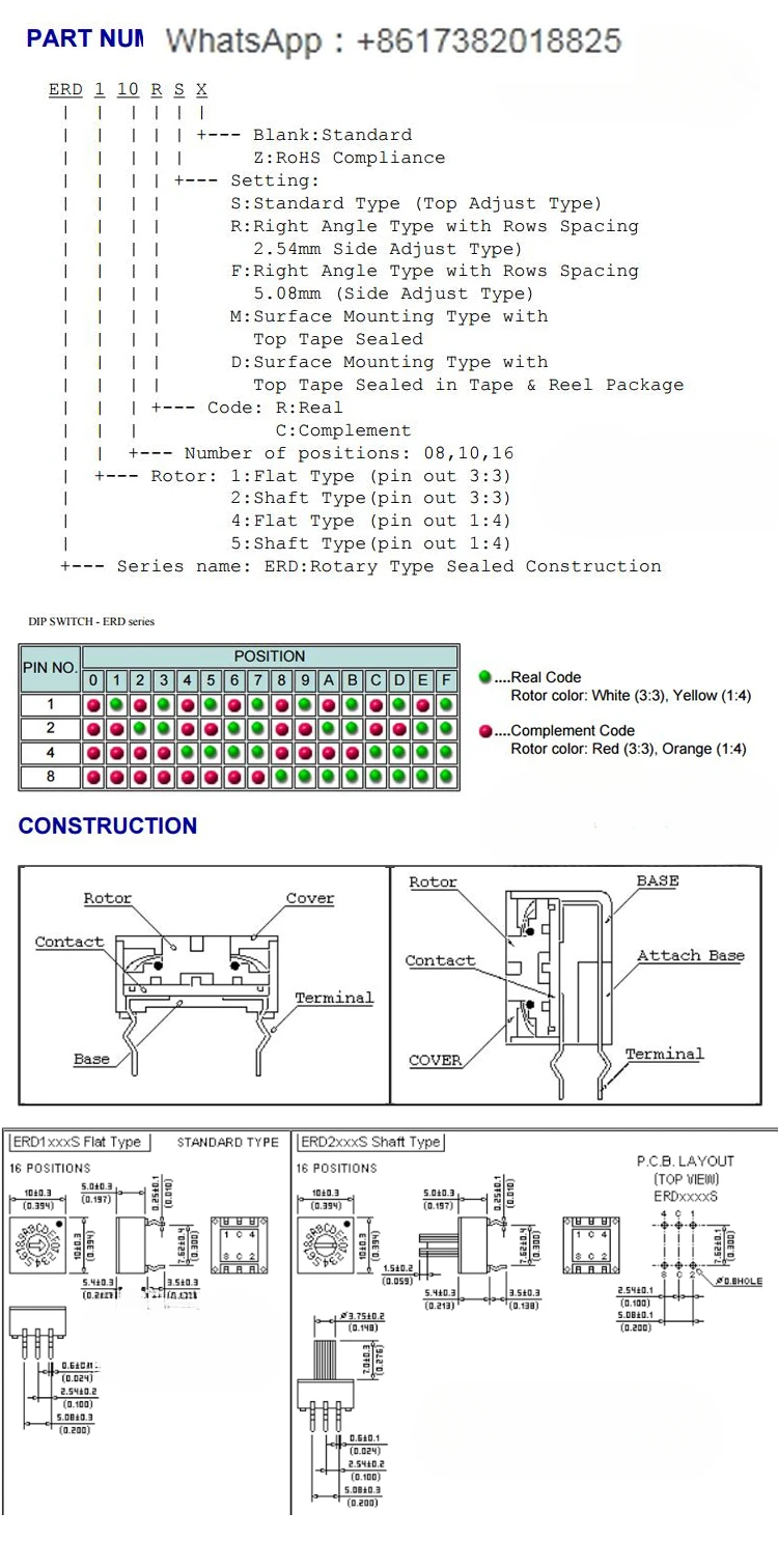 Interruptor codificado por piezas, Codificador rotativo con vástago, 10 bits, 0-9, 3:3, ERD210RSZ