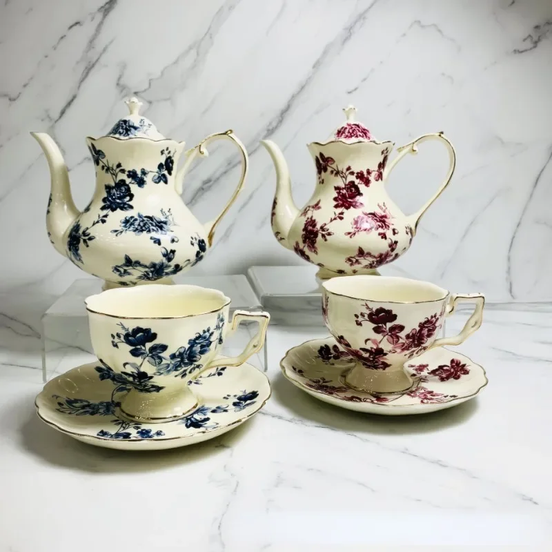 European Retro Coffee Cup and Saucer Ceramic Gold Edge Blue Red Flower Large Capacity Teapot British Afternoon Tea Cup Drinkware