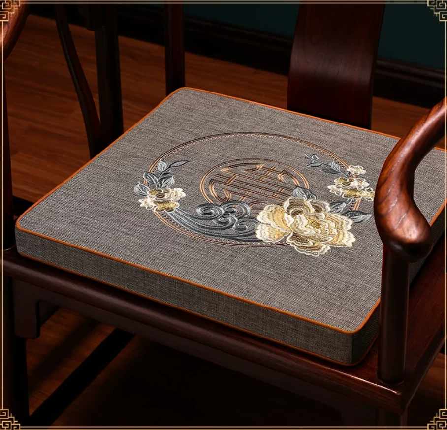 Chinese Style Embroidery Chair Cushion Linen Fabric Square Seat Pad for Mahogany Dining Chair Anti-slip Thickened Sponge Cushion