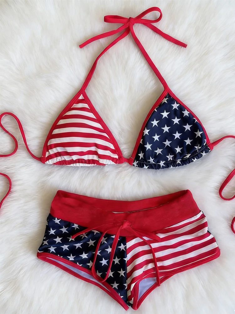 

Summer 2026 new women's flag printed bikini sexy suspender two-piece swimsuit beach swimsuit fashion trend INS bikini