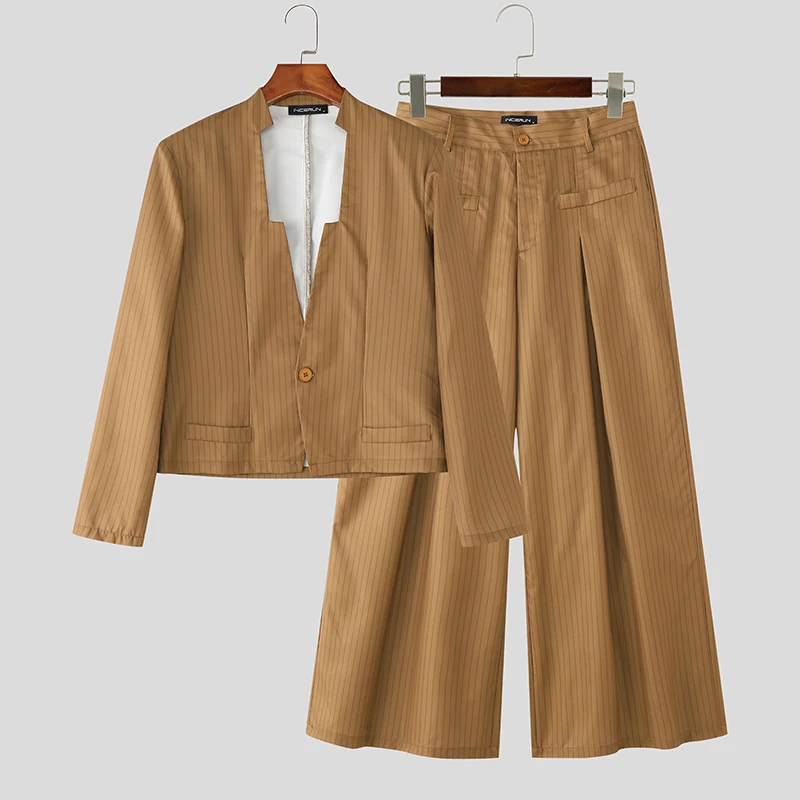 INCERUN الرجال مخطط مجموعات أنيقة الشارع الشهير الخامس الرقبة طويلة الأكمام المحاصيل السترة والسراويل قطعتين مجموعات موضة الدعاوى الرجالية غير رسمية