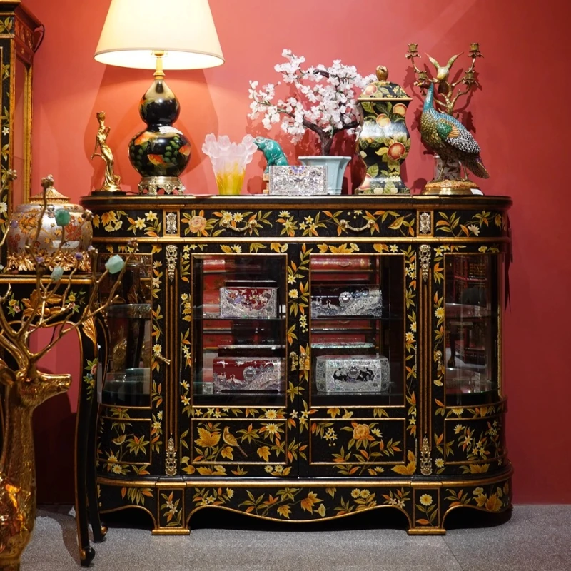 French Chinese style painted flower decorative glass cabinet 168 * 48 * 120cm