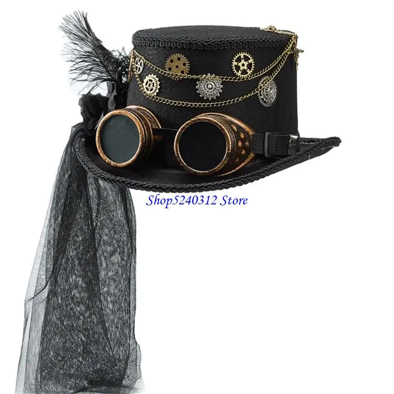 634C Victorian Tall Hat Gothic Flower Detail Goggles Top Hat For Costume Event