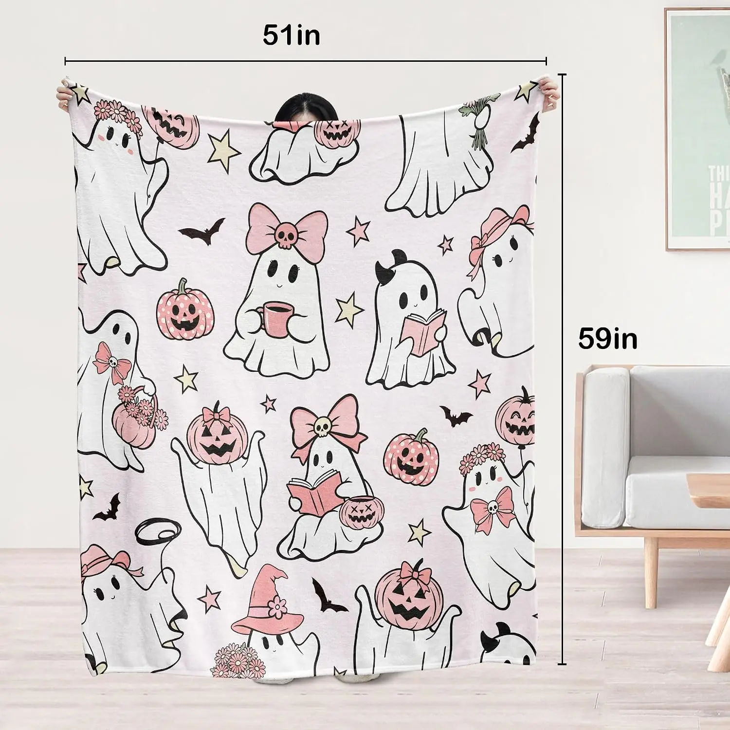 Glawry Pink Halloween Ghost Throw Blanket Gifts for Girls 51x59