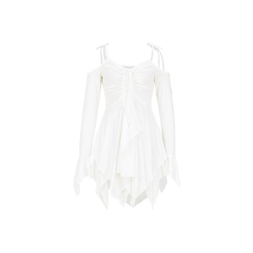 SKMY Women Clothing Drawstring Pleated Short Dresses Solid Color Y2K Irregular Lace-Up Off The Shoulder Long Sleeve Dress