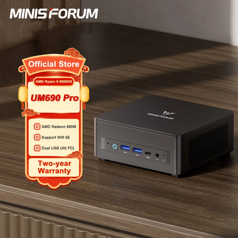 MINISFORUM-ordenador de escritorio UM690 Pro, Mini PC AMD Ryzen 9, 6900HX, DDR5, 32GB, 1TB, SSD, Windows 11, USB 4, todo PD, WIFI, 6E