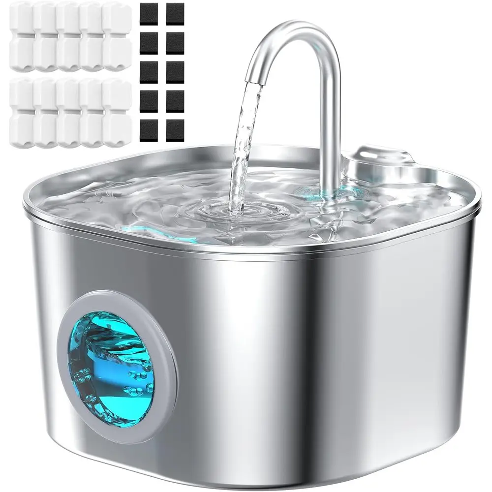 Bebederos para Mascotas con 10 Filtros + 10 Esponjas, Recipientes Automáticos de 2.2L para Gatos y Perros Pequeños, Bebedero Metálico Interior para Gatos