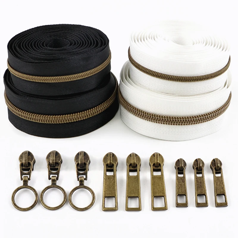 

5M Zippers+5Pcs Zipper Puller Bronze Tooth Nylon Zip Tape for Clothing Backpack Replace Zips Repair Kits DIY Sewing Accessories
