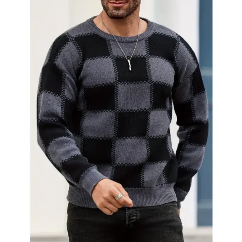 

Men's Knitted Sweater Color Blo Texture Plaid New Sle Cross-Border Collar Thiened Nine-Quarter Sve Ciwalk Sui...