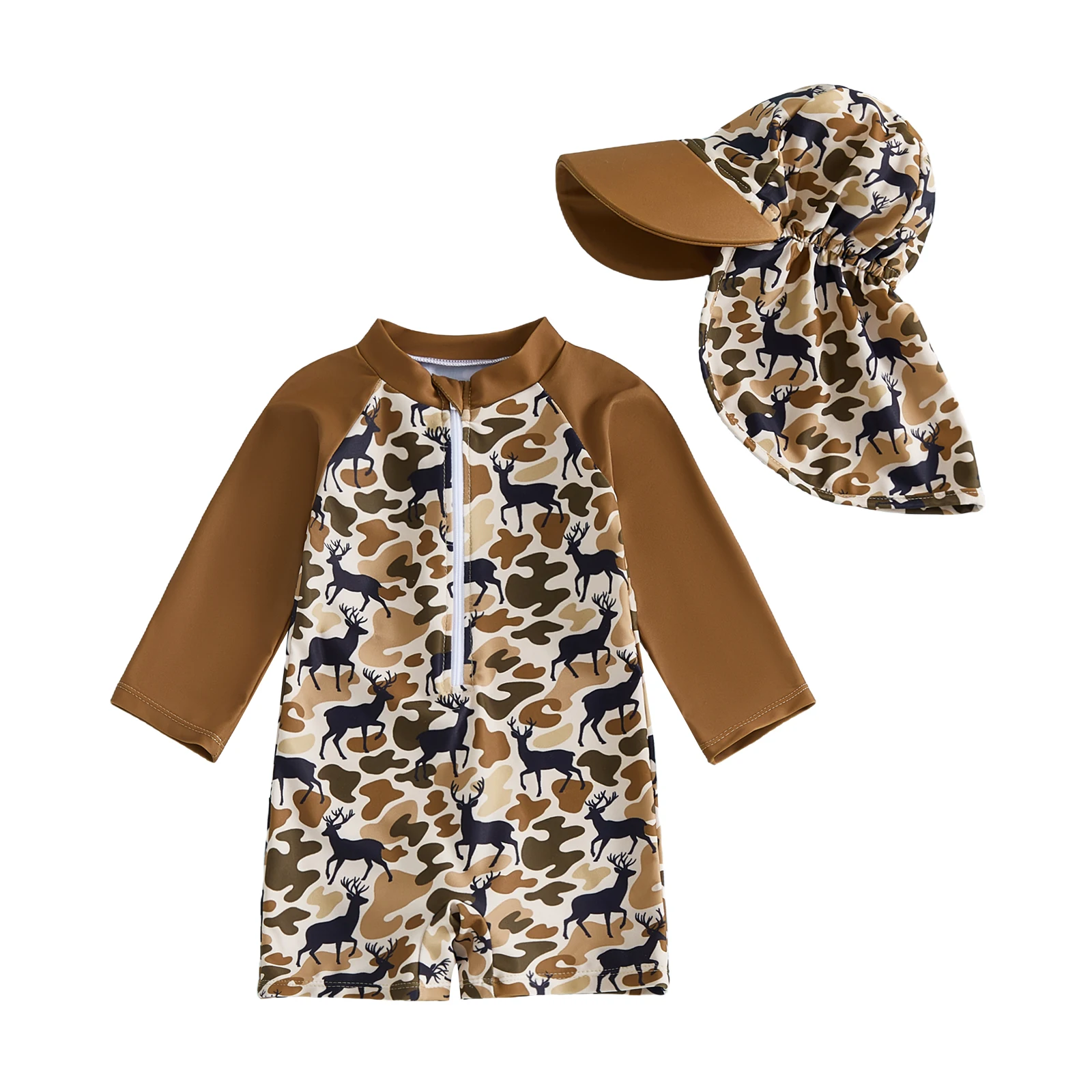 Traje de baño con protección solar para bebé niño pequeño con gorro, conjunto de 2 piezas, camuflaje, media cremallera, manga larga