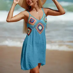 Beach Dress V-neck Sling Sleeveless Cover Up Dress Colorful Stitching A-line Dress Bohemia Style Crochet Top Bikini Beachwear