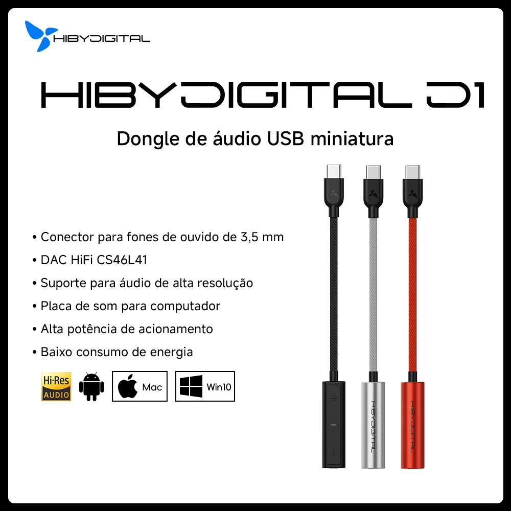 Hiby digital d1 tipo c dongle de áudio hifi usb dac fone de ouvido amp pcm32bit/384khz 3.5mm saída cs46l41 placa de som para android win10