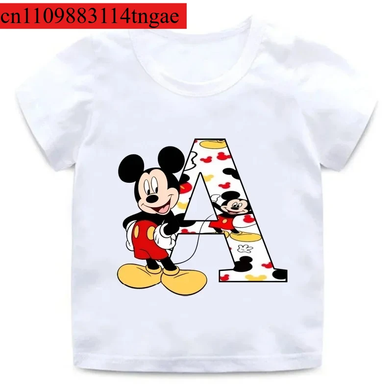 

Детские футболки из чистого хлопка с принтом Микки Мауса и буквами от A до Z, одежда для девочек, футболка для маленьких мальчиков, летние детские топы