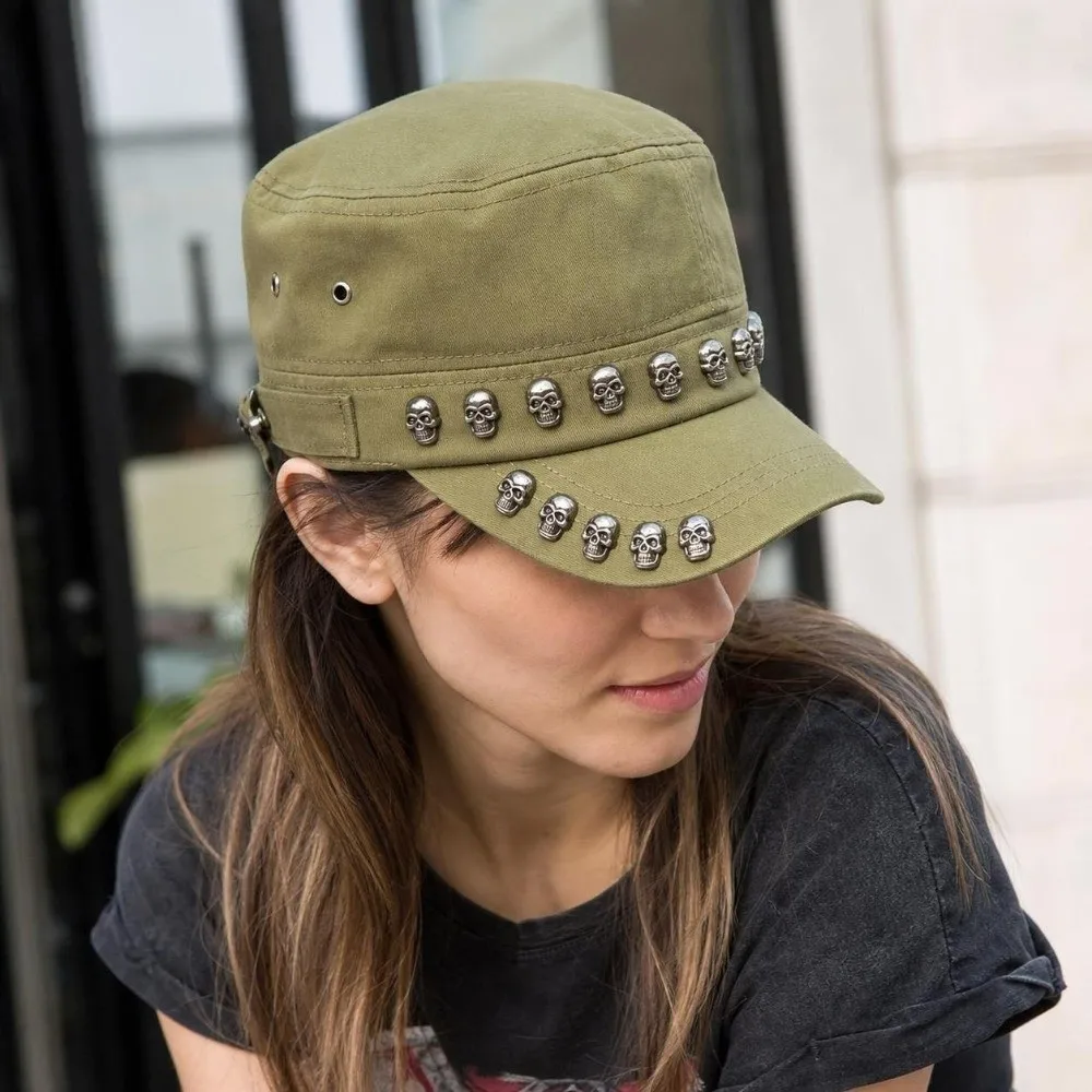 Cotton Material Skull Flat Top Cap Unique Punk Style Sports Visors Hats Adjustable Breathable Dancing Caps Men Women Unisex