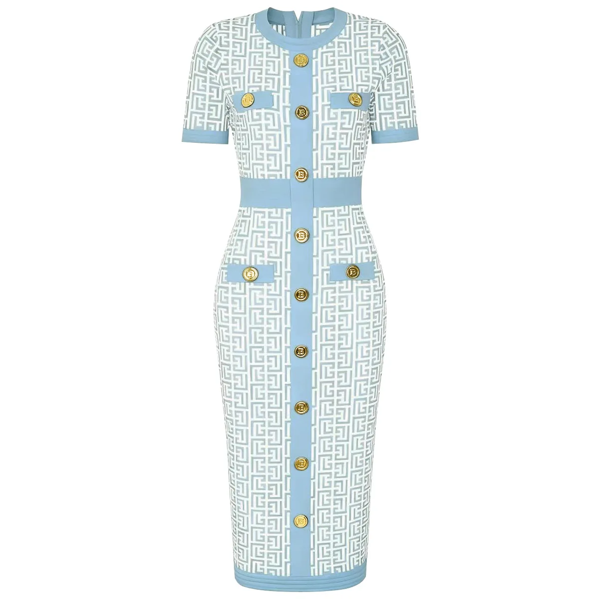 Elegant Light Blue Geometric Bandage Dress Women 2026 Luxury Gold Button Bodycon Midi Dress Party Evening Clubwear