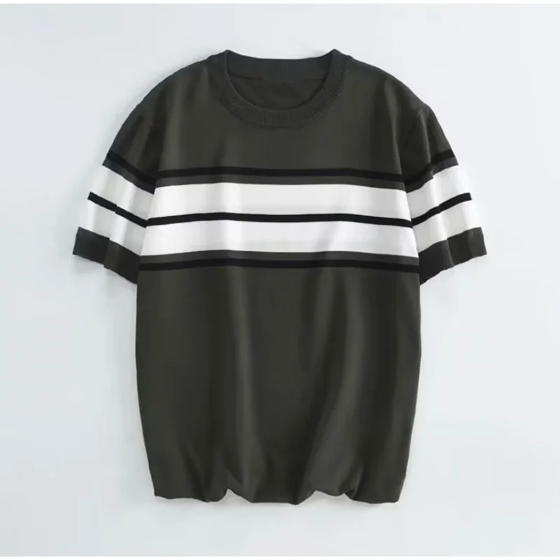 Summer New Men'S Mature Style British Pullover Striped Top Light Casual Fashion Short Sleeve Youth Knitted-Shirt