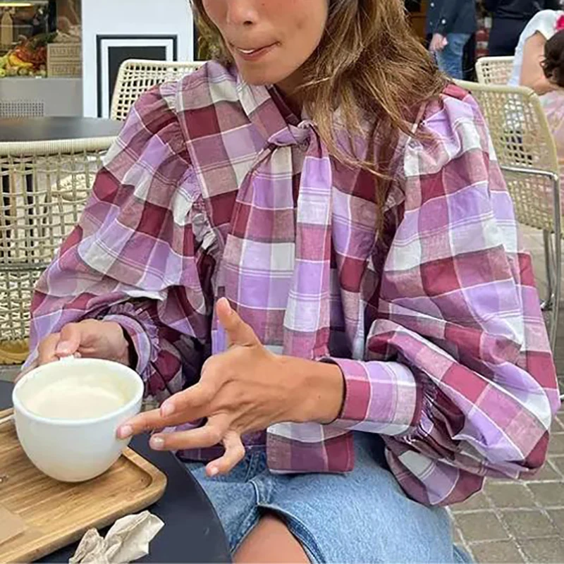 Long Sleeve Plaid Lace Up Blouses For Women 2024 Dressy Casual Loose Lantern Sleeve T-Shirts 2024 Elegant Ladies Commute Top
