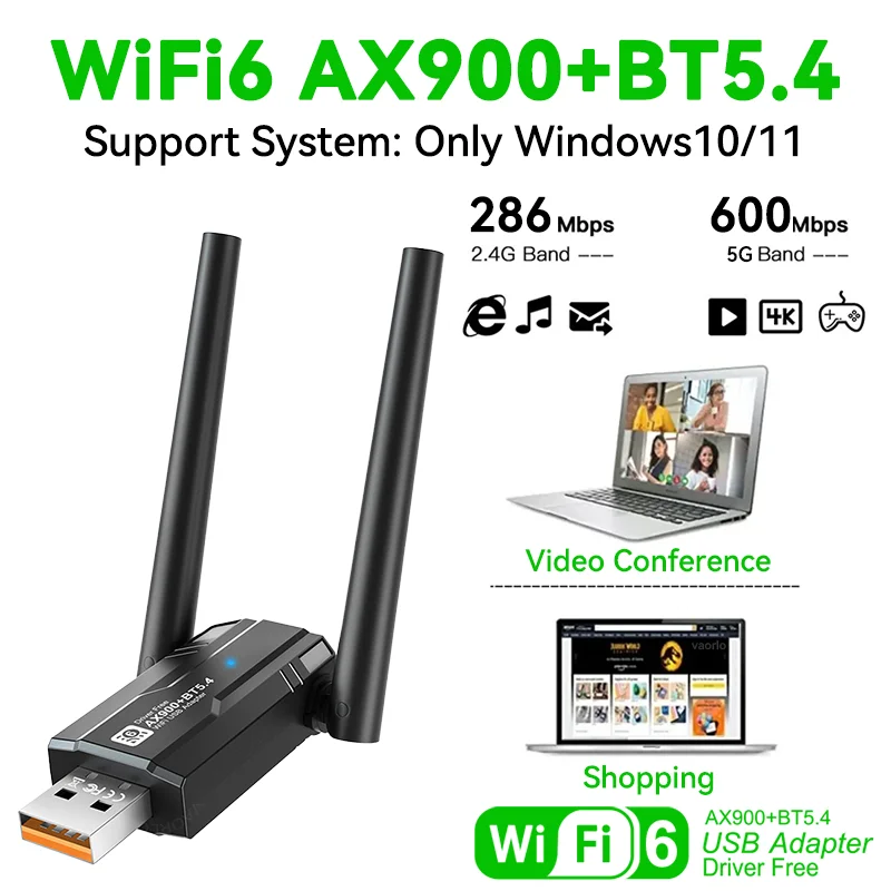 

WiFi 6 AX900 Bluetooth 5.4 USB-адаптер Wi-Fi, беспроводная сетевая карта, 2,4 ГГц 286 Мбит/с и 5 ГГц 600 Мбит/с, только для Win10/11, для ПК/ноутбука