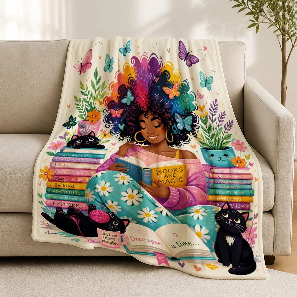 Cozy Book Lover Throw Blanket for Sofa Plush Fleece Decorative Gift reading Nook Cat Friends Story Magic Literary Couch Decor Ae
