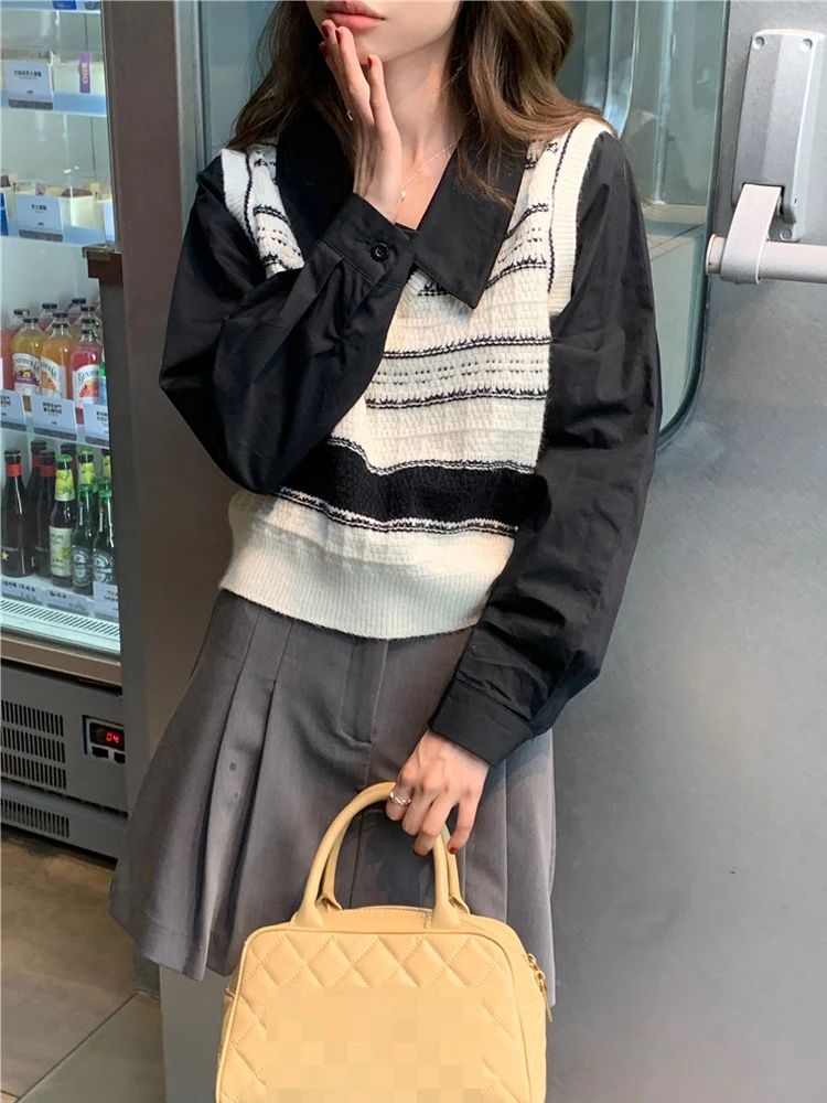 Coreano Sle empalme de punto ort irt V-Ne mujer Faion College Wind falso de dos piezas otoño nueva llegada diseño Retro