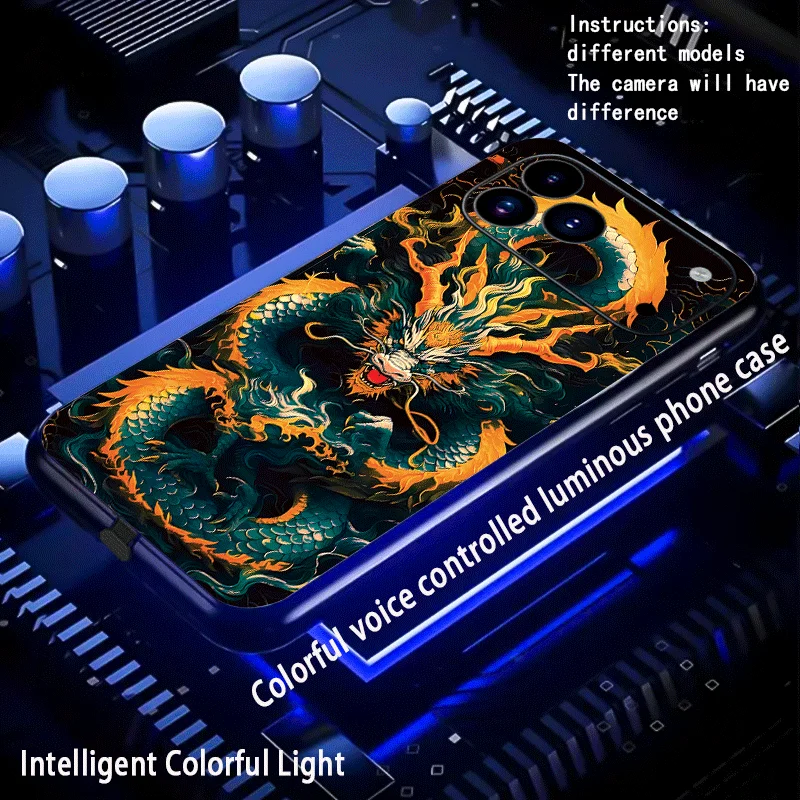 Cool Golden Dragon LED Lighting Glass Phone Case For iPhone 11 12 13 14 15 16 17 Pro Max 14 Plus 17air 16E 18 Duo Glow Cover