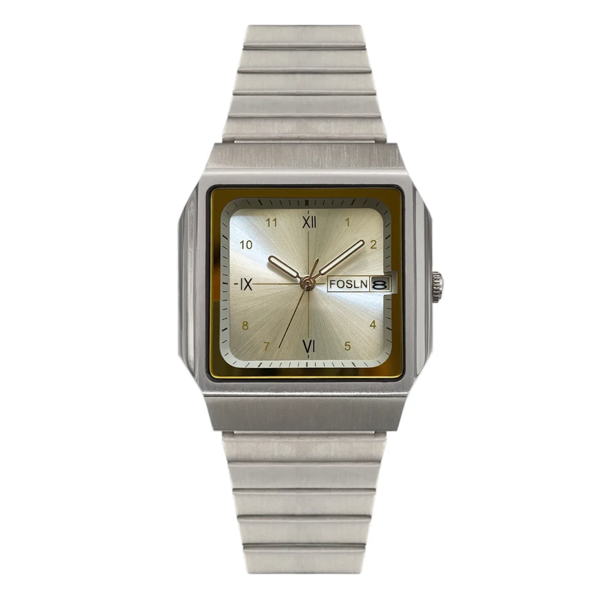

Vintage Square Quartz Watch with Steel Case, 32mm Diameter, 10mm Thickness, Calendar Function, Steel Strap, 3ATM