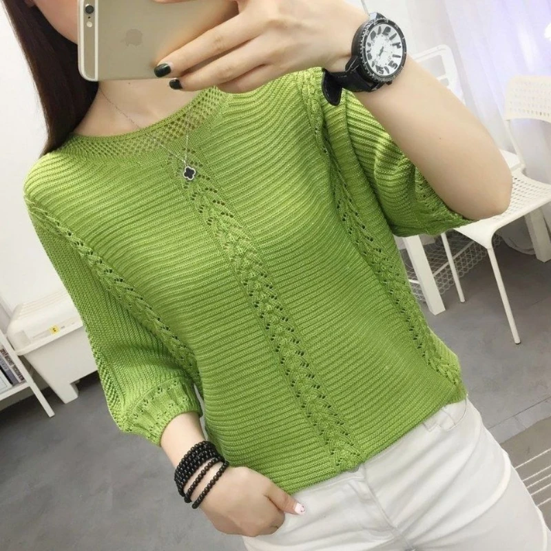 Female Fashion Green Sweater Vintage Hollow Out Knit Top Femme Pullovers Loose Casual Women's Sweater Clothing Pullover Q239