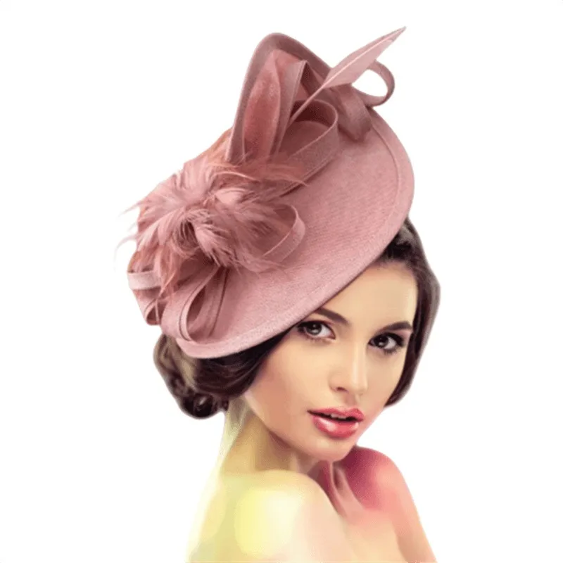 European Linen Feather Headbands Exaggerated Wide Brimmed Handmade Derby Hats Bridal Hair Accessories for Weddings and Events
