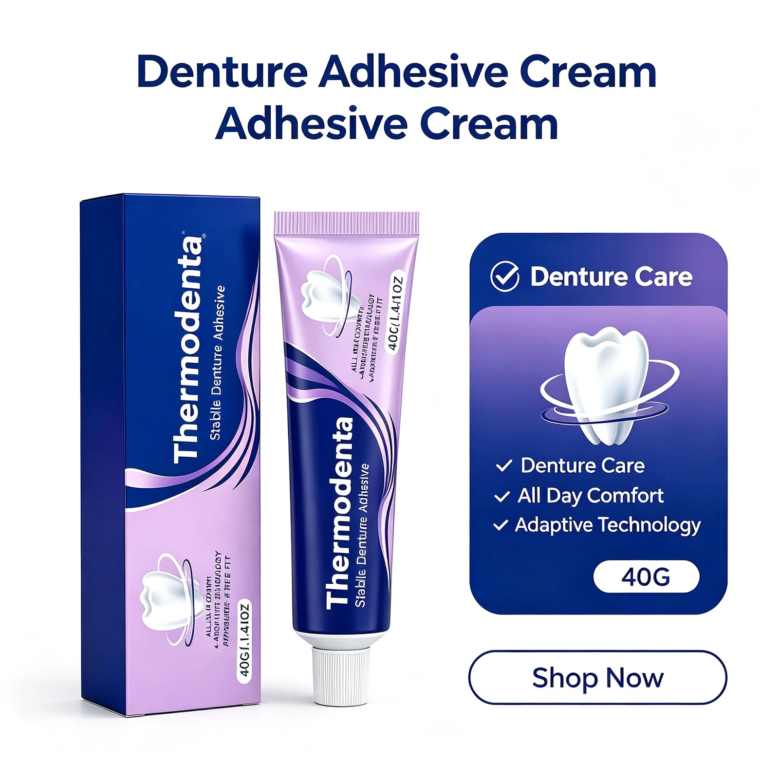 Thermodenta Denture Adhesive Cream Strong Hold Secure Fit Reduce Gum Irritation Fresh Breath Sensitive Friendly Teeth Fix 40g