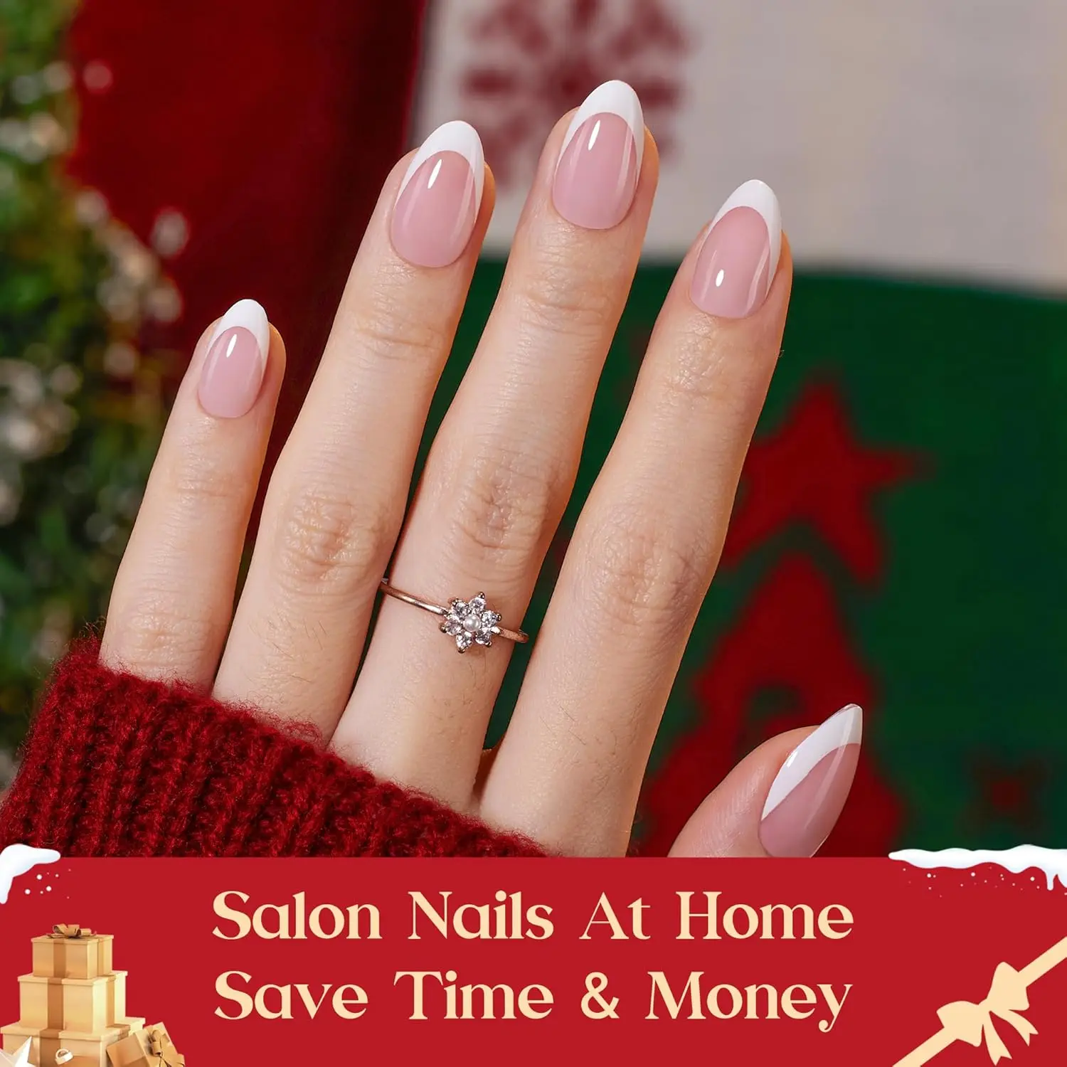 Krótki zestaw paznokci sztucznych w stylu french press-on, kształt migdałek, z 224 tipsami, klejem, płynem do usuwania, top coatem i mini lampką - prezent do samodzielnego manicure