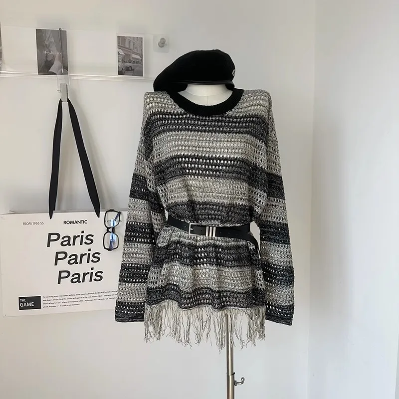 Vintage Striped Long Fringe Knitted Sweater Korean Fashion Vintage Party College Pullover Sweater