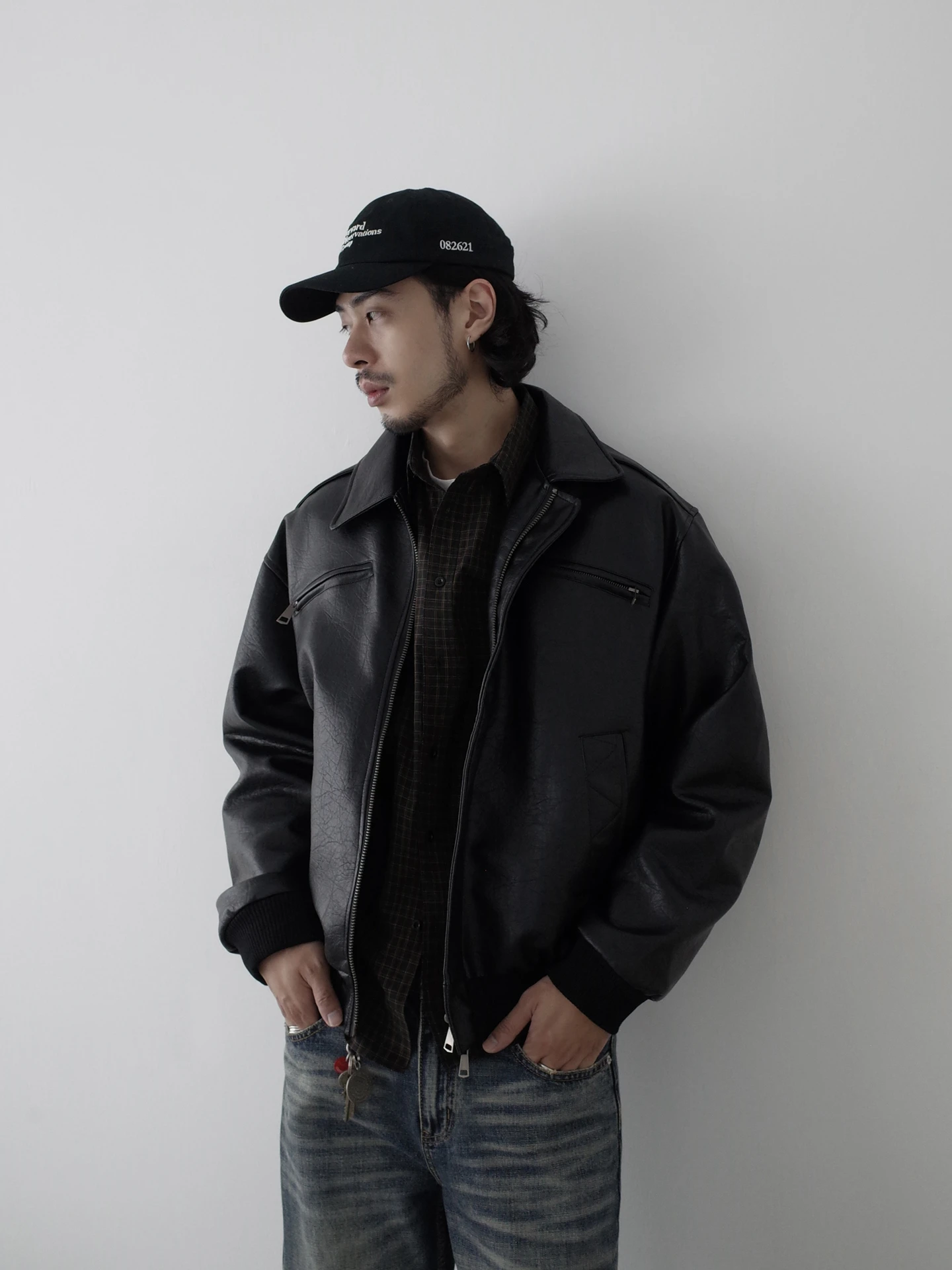 

Retro American Litchi Pattern Fce Lined Biker Jaet Men's Women's Inner Cotton Coat Warmth PU Leather ort Zipper Closure