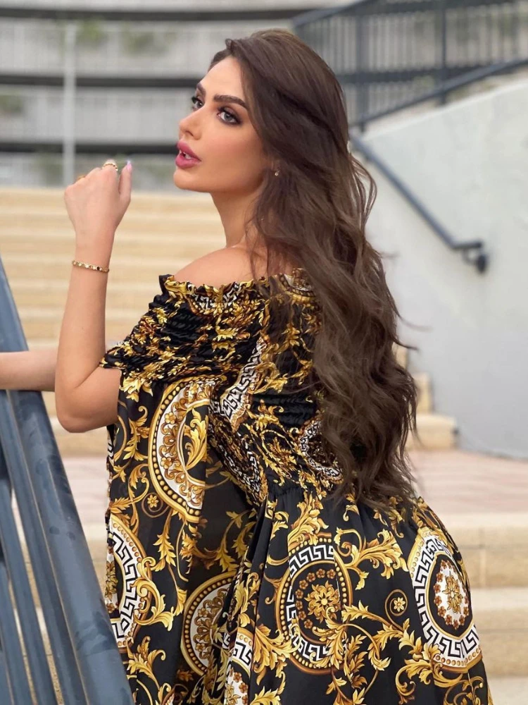 Turkey Muslim Party Dress Gold Print Abaya Dresses Women 2022 Eid High Street Luruxy Evening Dress with Cloak Robes Vestidos