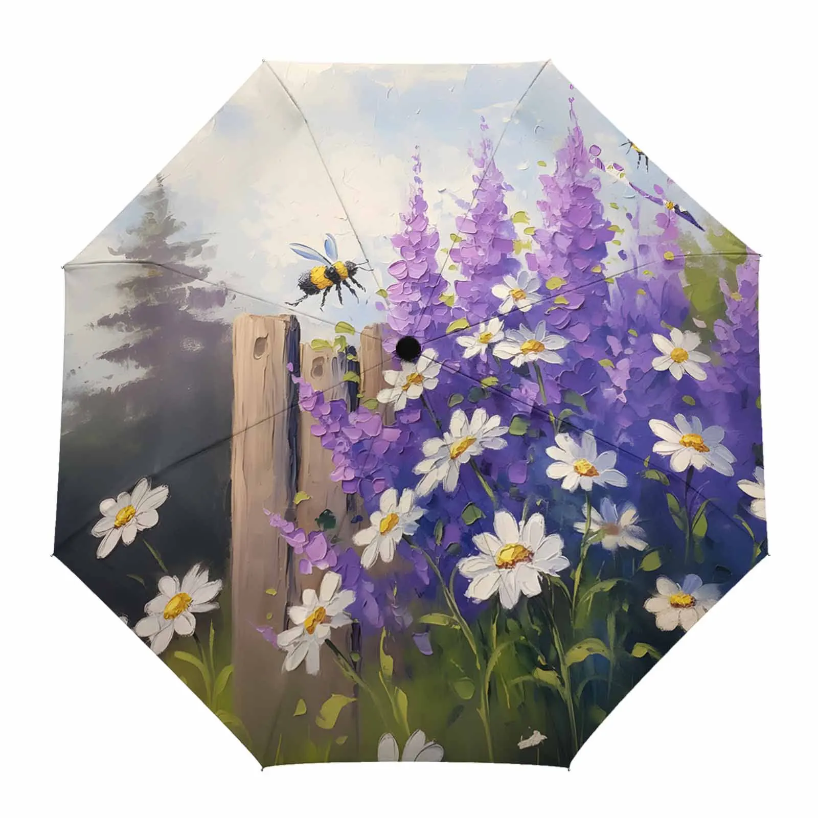 Oil Painting Purple Lavender Daisy Garden Bees Outdoor Fully-automatic Folding Eight Strands Umbrellas for Kids Printed Umbrella