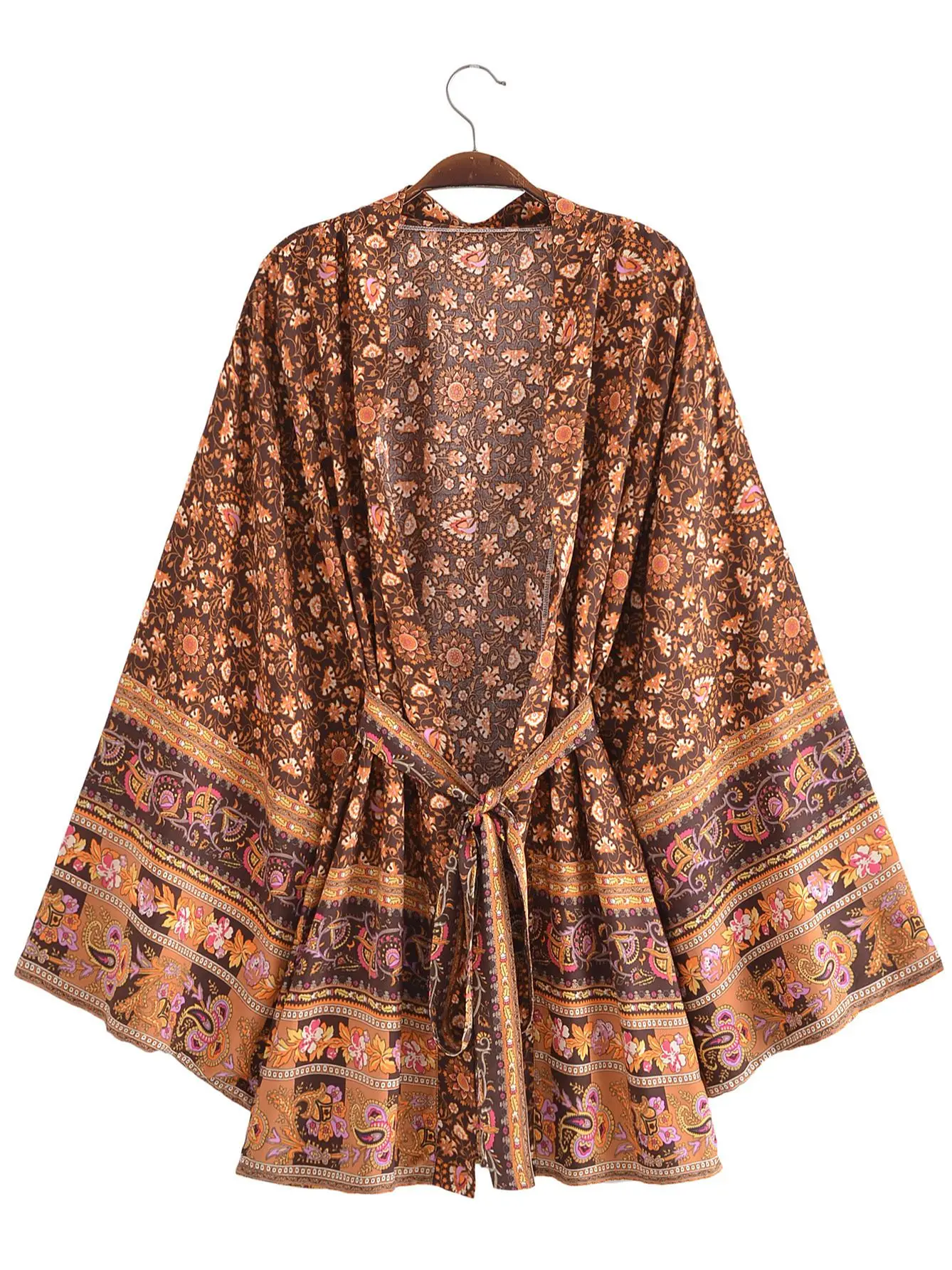 BOHO Women V neck Flower Print Kimono Cardigan Holiday Tide Bow Sashes Mid Long Blouse Summer Shirt Beach Cape