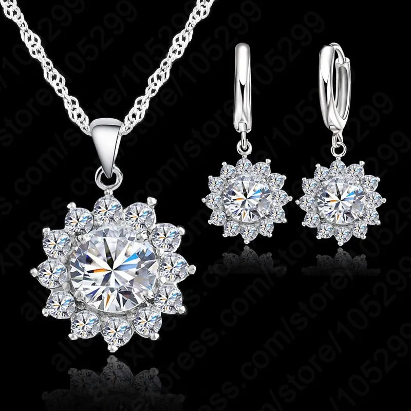 New 925 Sterling Silver Cubic Zirconia CZ Wedding Jewelry Set Rhinestone Flower Pendant Necklace Earring Set