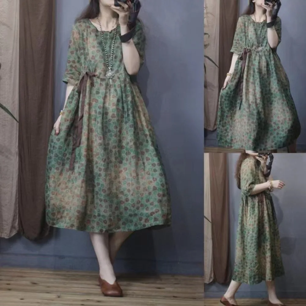 

2025 New Plus Size Floral Print V Neck Short Sleeve Dress Slimming Waist Tie Casual Summer Dress for Women Fashion