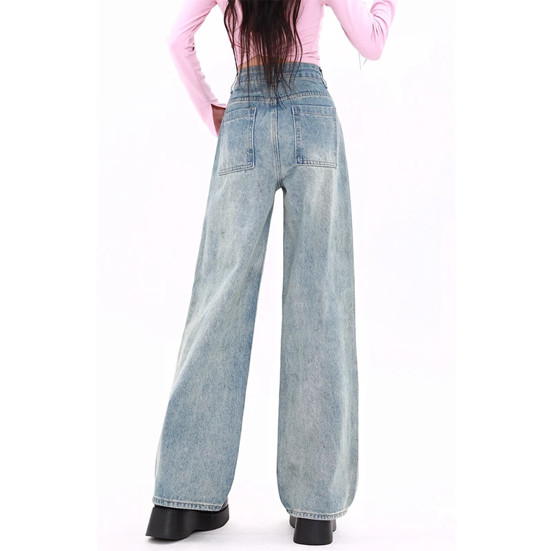 Spring and Autumn New Blue Jeans Women American Graffiti Loose Casual Wide-leg Pants Female Cute Versatile Denim Pants