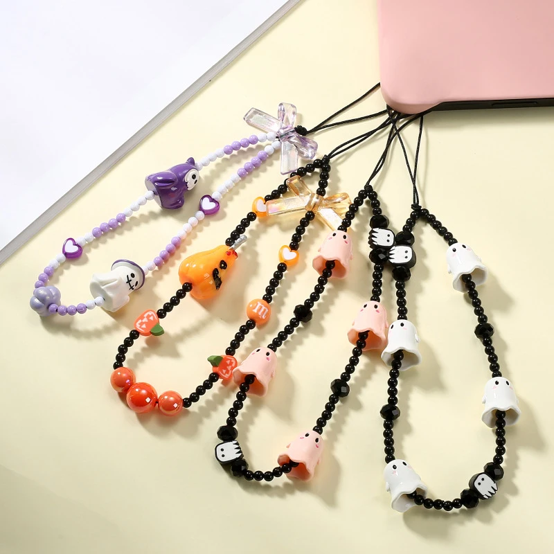 Halloween Ghost Pumpkin Lamp Phone Chain Beaded Mobile Phone Lanyard Wrist Strap For Girls Anti-Lost Cellphone Straps