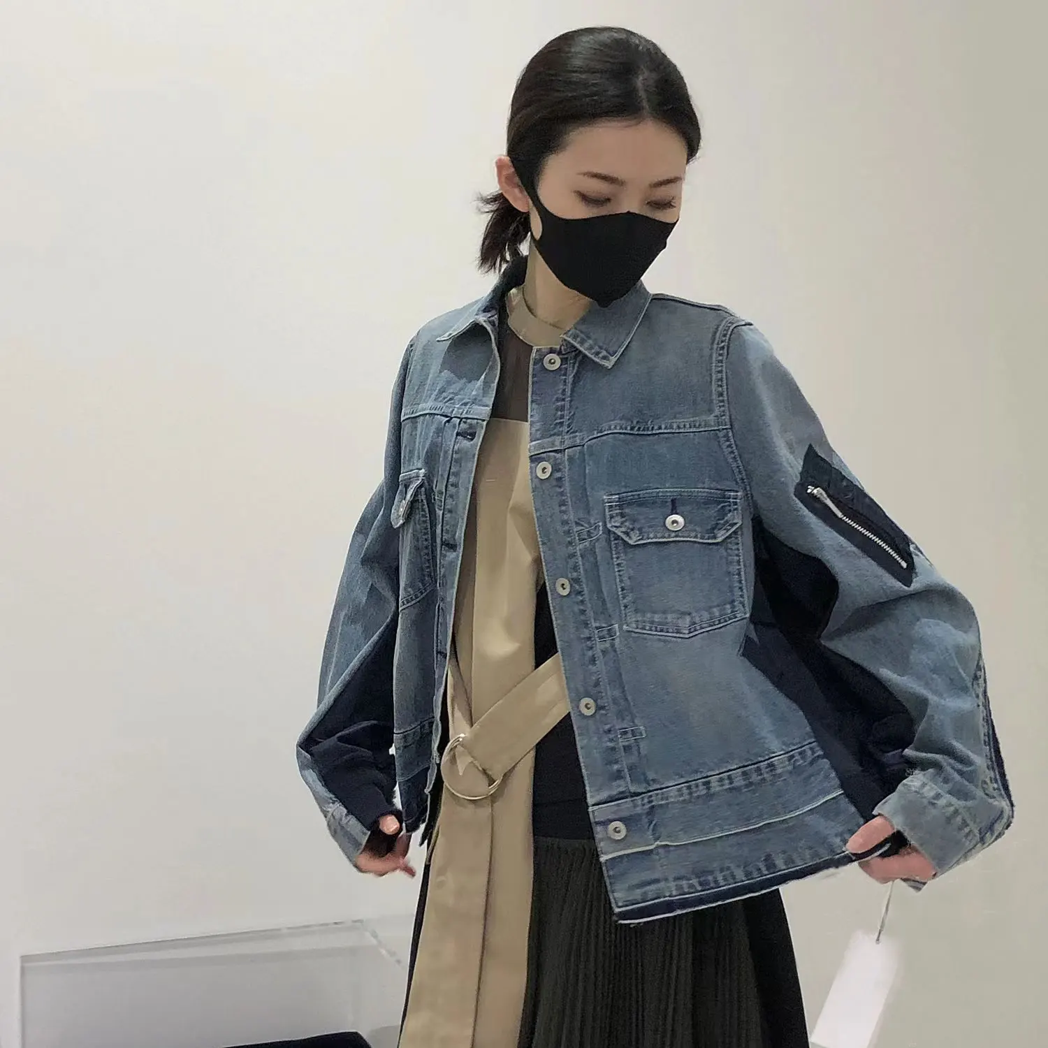 SAC SS26 Japanese Design Sense Long Sleeve Casual Splicing Denim Jacket