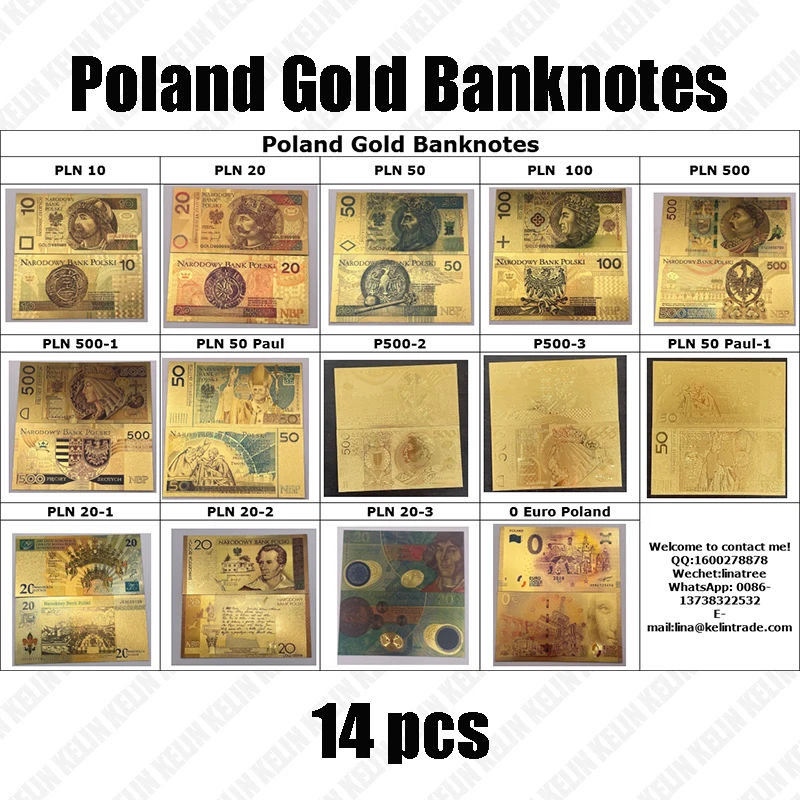 We have More Colored Gold Foil Polish Banknote Set 50 100 200 500 PLN for Partriotism Poland Crafts Collection