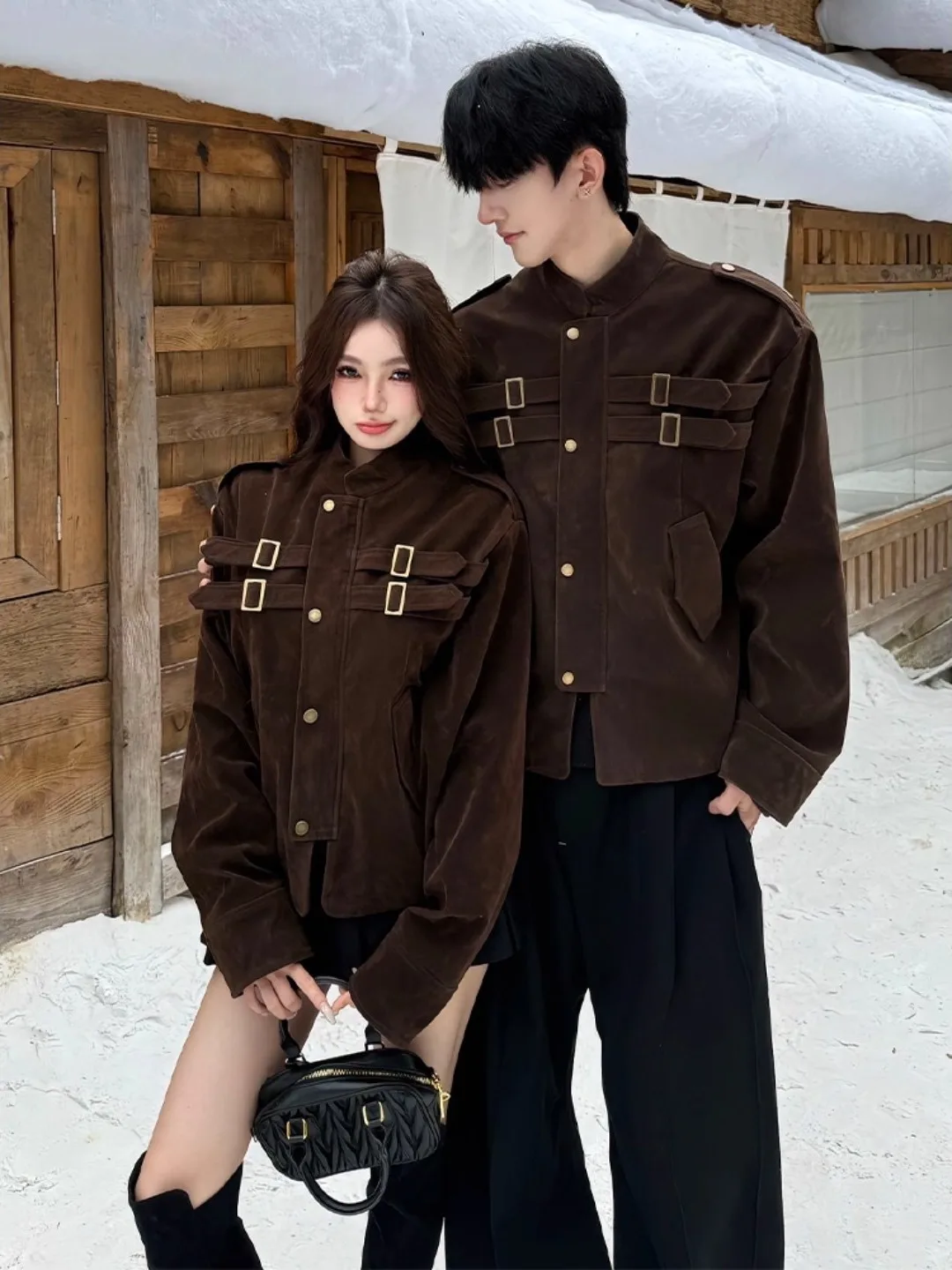 

Retro American Suede Jaet ort Sle Baseball Splicing Couple Outerwear Men Women Autumn Winter Cleanfit Stand Collar