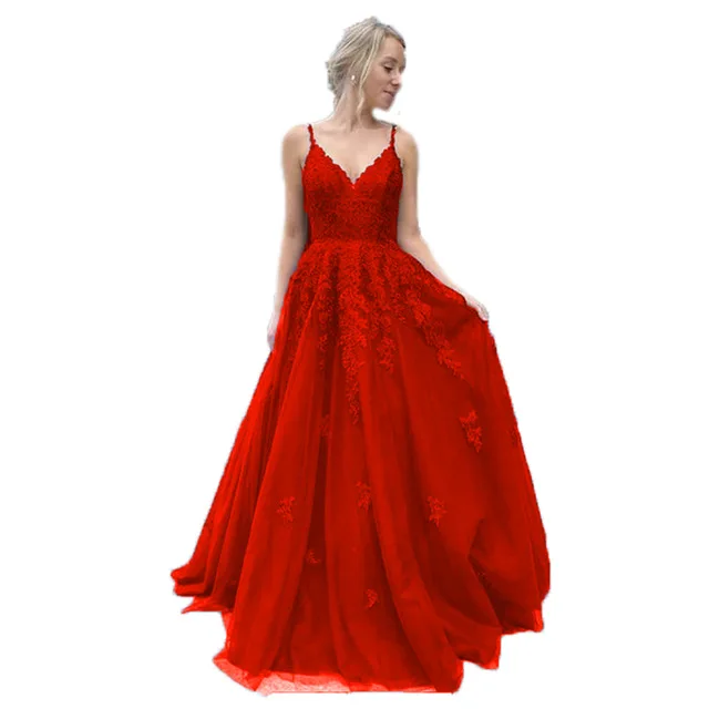 Gaun pesta malam A-Line tali Spaghetti gaun Prom Cinderella Formal Applique modis Vestidos de festa panas