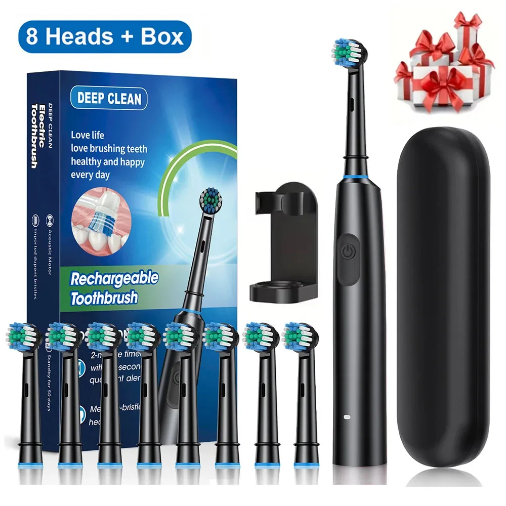 Electric Toothbrush Rotary Rechargeable Electric Toothbrush for Adults Rotating Electric Toothbrushes with 8 Soft Brush Heads