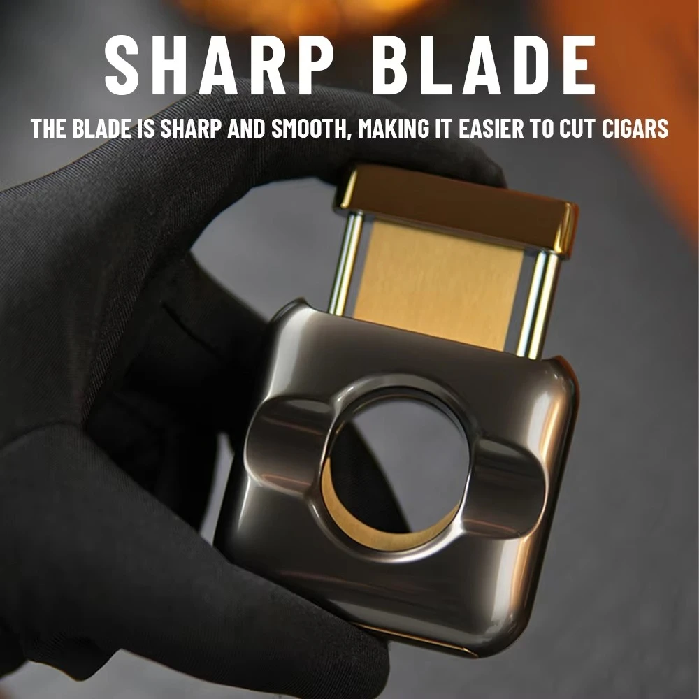 Piano black mirror polished cigar cutter, square zinc alloy body, gold accents, stainless steel
