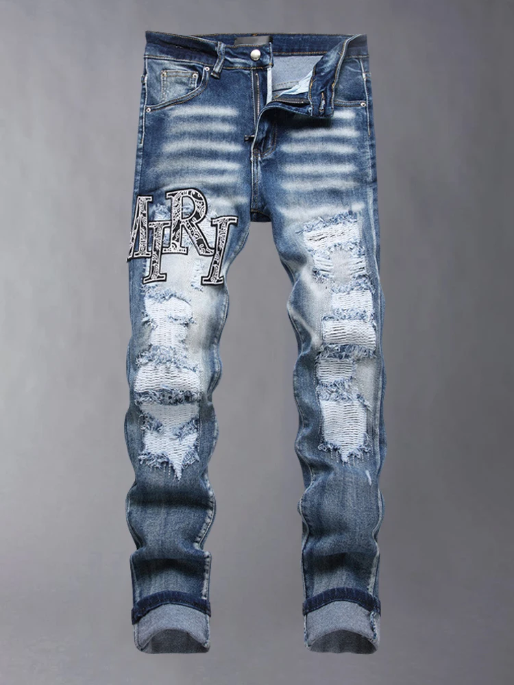 

Faionable Slim Fit Men's Jeans Embroidered Patch Work Distred Cotton Denim Pants mid Waist Zipper Closure Casual Trousers