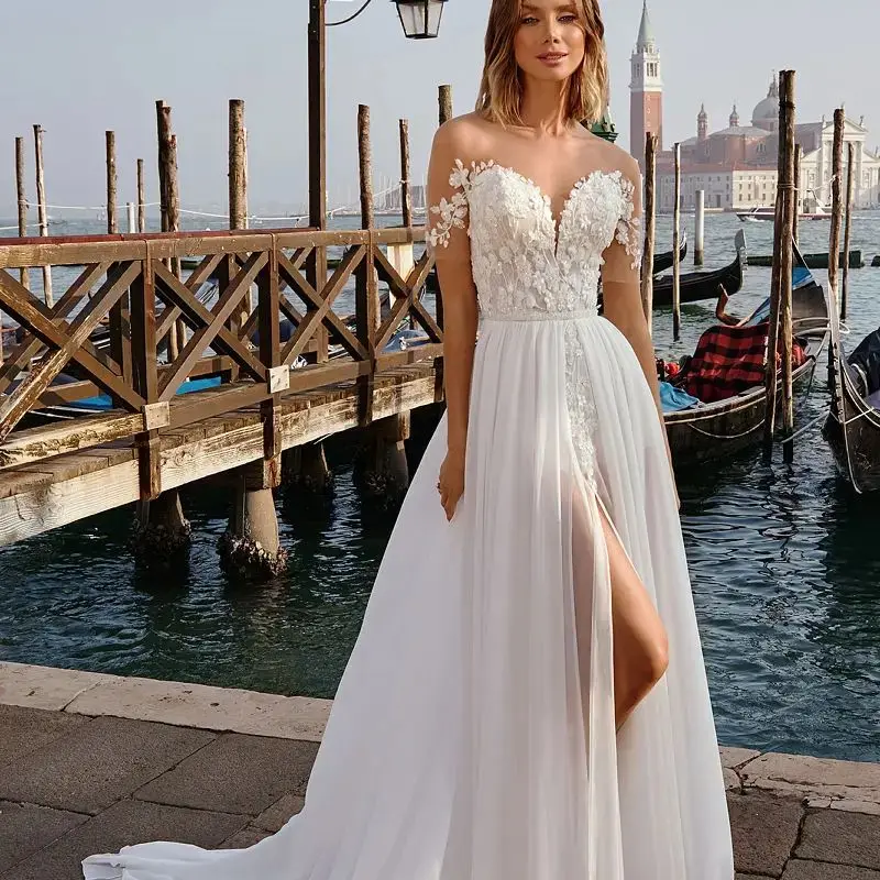 Vestido de novia de gasa con corte en A para mujer, traje de novia con abertura lateral, apliques de encaje, longitud hasta el suelo, personalizable a las medidas, 2024, 2024