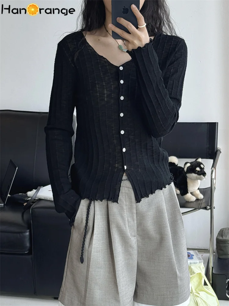 

HanOrange 2025 Summer Lazy Sweet Ear Edge V-neck Sunscreen Thin Sweater Women Slim Fit Knitted Top Black/Apricot/Lake Blue